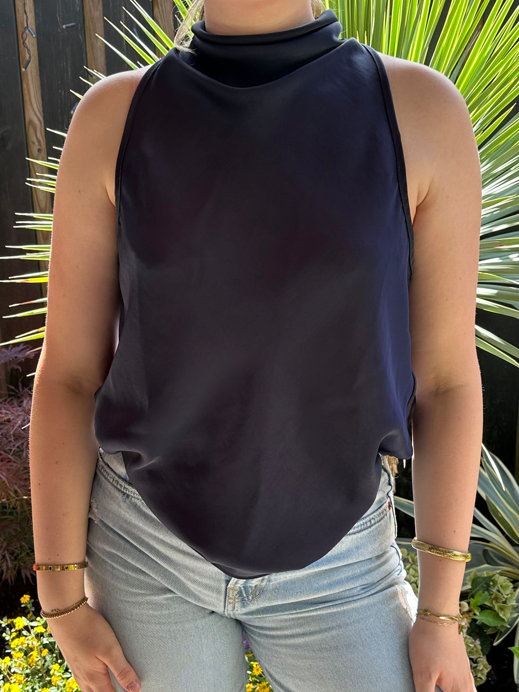 Satin high neck top navy