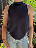 Satin high neck top navy