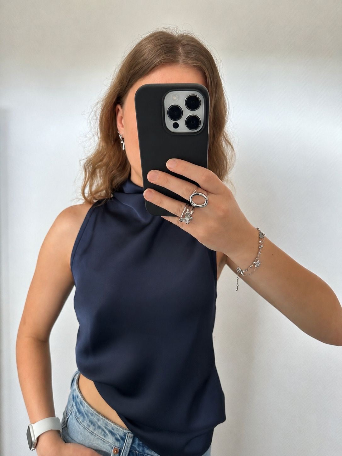 Satin high neck top navy